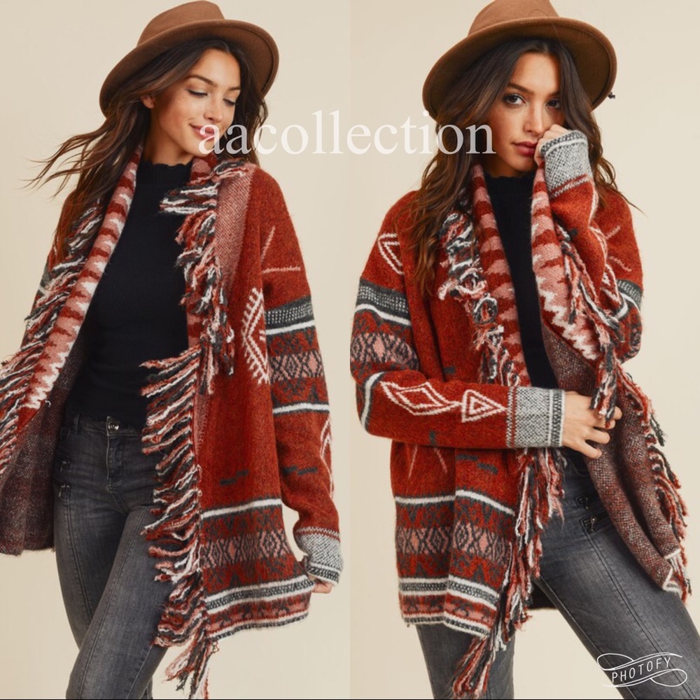 New Cowichan Fringe knit Sweater Blanket Cardigan Tribal Native Print Retro Rust - Picture 5 of 9